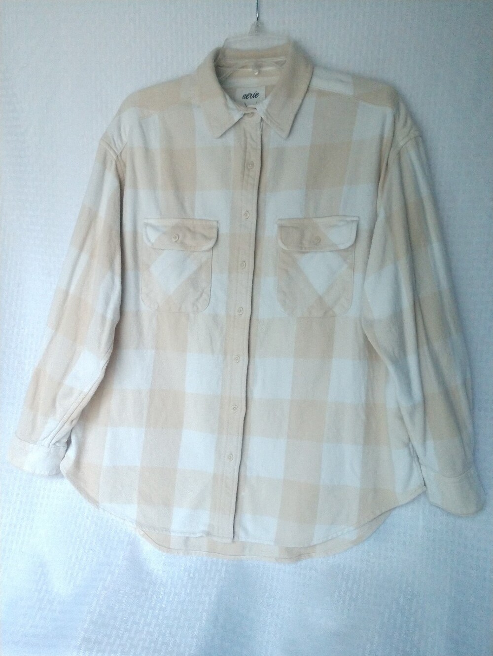 Aerie Women's Heavyweight Flannel Shirt Beige White Check Oversized XS Chest 46"